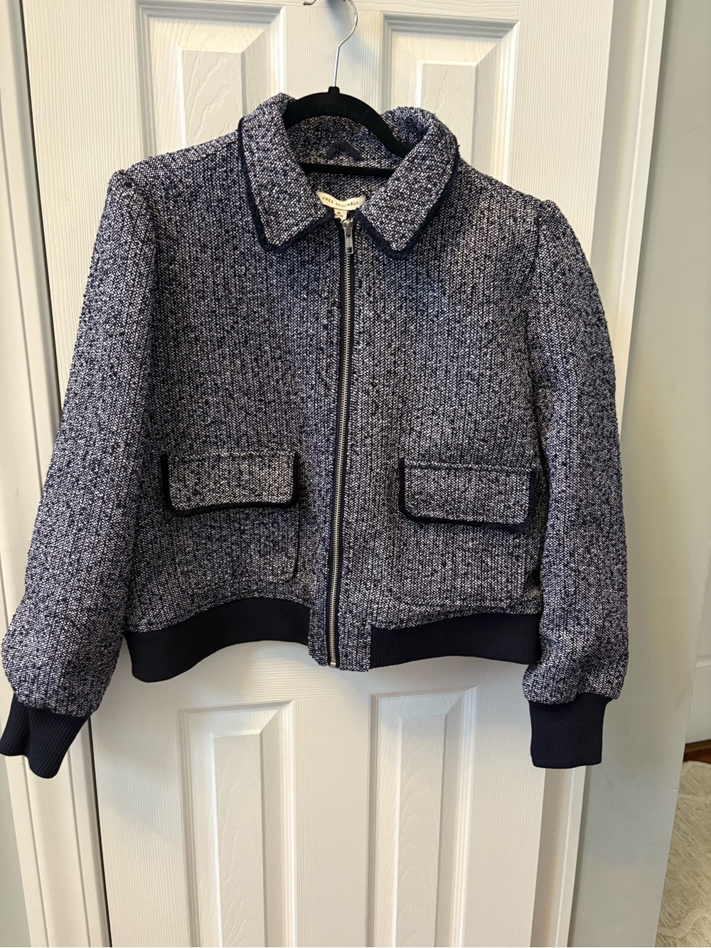 Women’s Navy Tweed Zip-Front Jacket with Contrast Trim